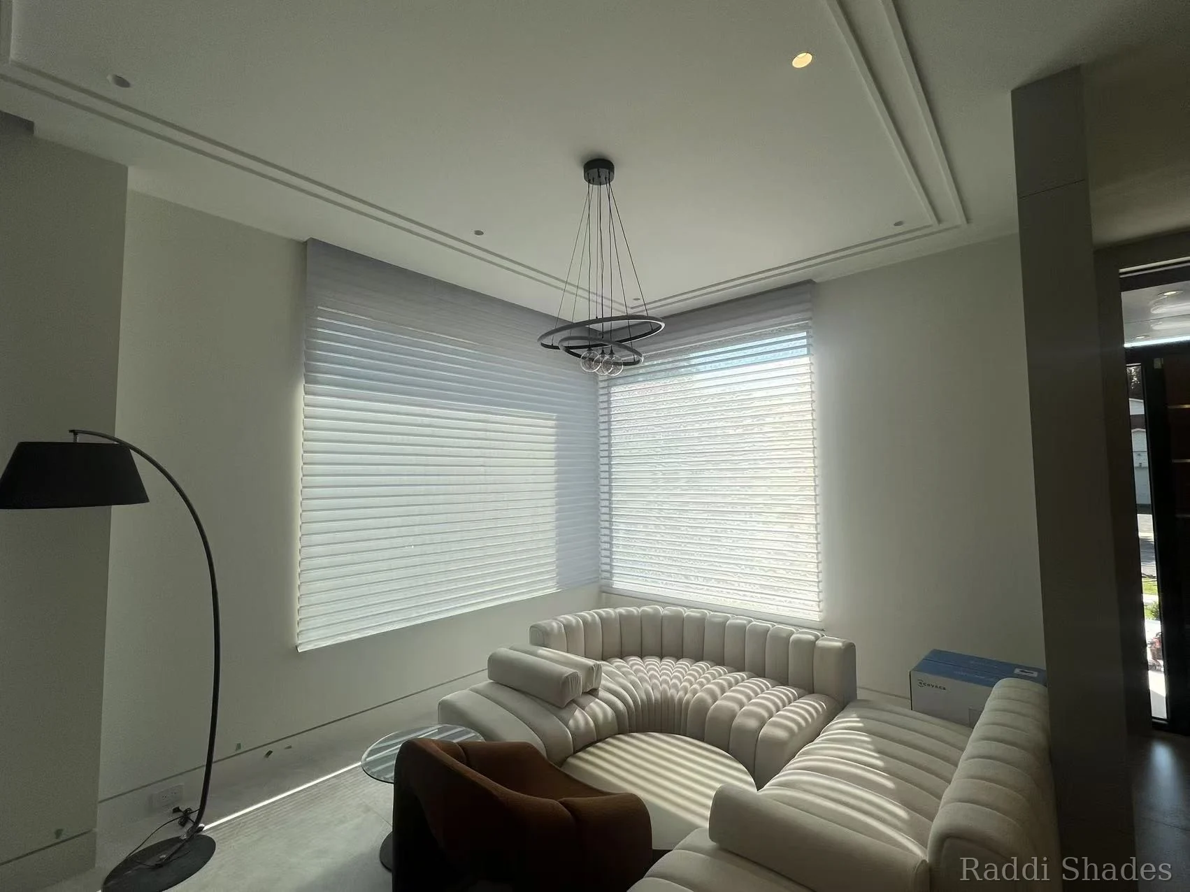 Living room installation with custom shades